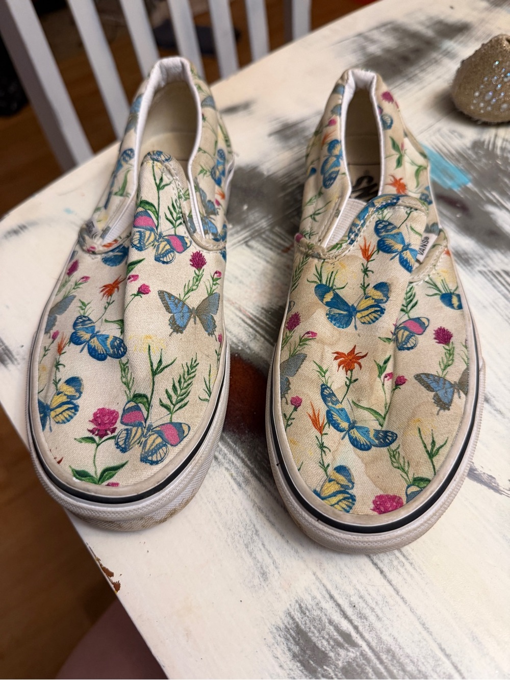 Floral Butterfly Slip-On Canvas vans- Beige